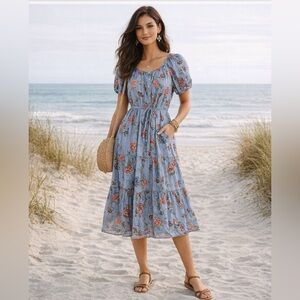 LOFT Light Blue Floral Midi Dress